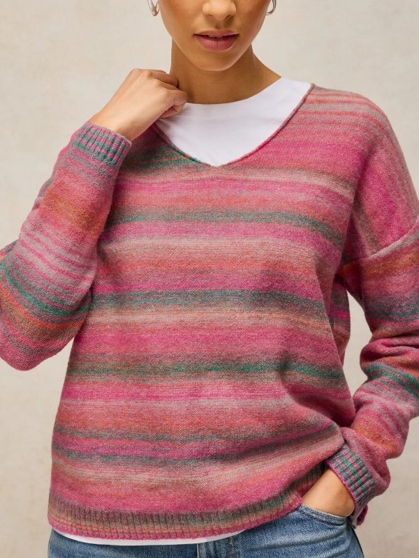 White Stuff Spacedye V - Neck Jumper - Pink Multi